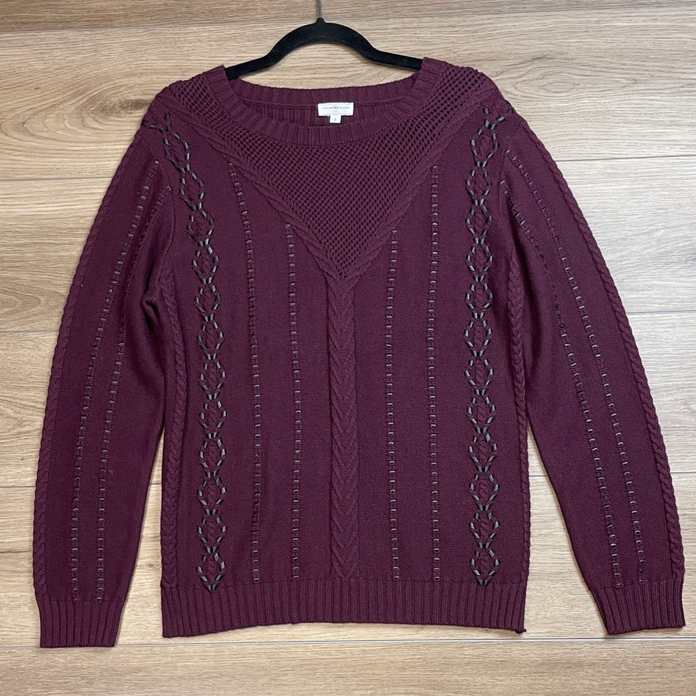 UJA Paris Designer Sweater Cable Knit Dark Purple Faux Leather Trim Size XL or 3
